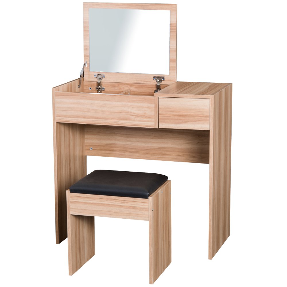 Homcom Dressing Table With Stool Mirror, Oak Dressing Table With Flip Up Mirror